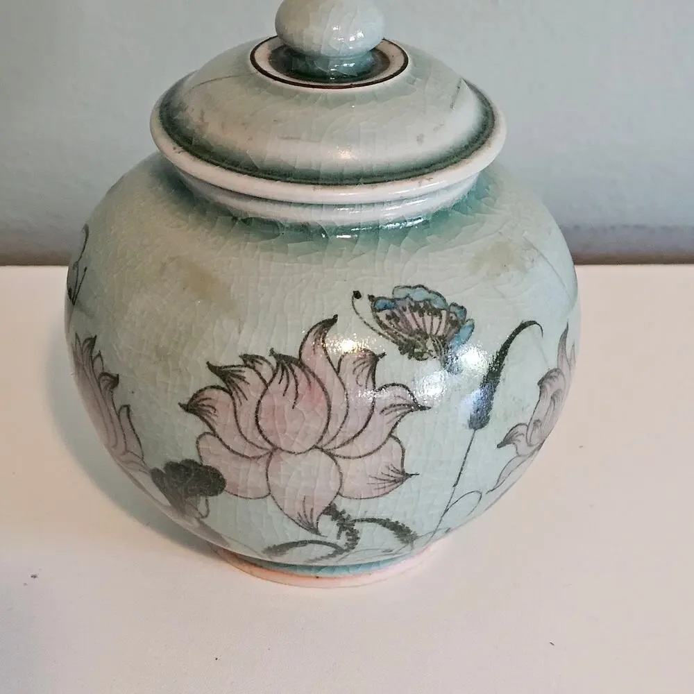 Vintage Baan Celadon Pottery Crackle Glaze Jar with Lotus Flowers from Thailand